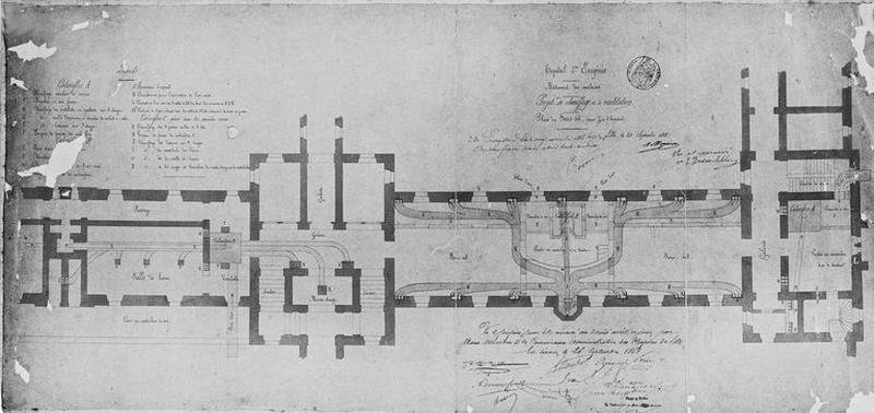 Projet de construction de l'hôpital Sainte-Eugénie, installation des systèmes de chauffage et de ventilation, plan de distribution du sous-sol concernant le quart de l'ensemble des bâtiments de l'hôpital, daté du 25 septembre 1868.