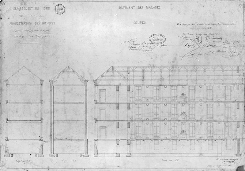 Projet de construction de l'hôpital Sainte-Eugénie, bâtiment des malades, coupes transversales et longitudinale montrant le système des conduites de chauffage et ventilation insérées dans les parois des murs gouttereaux, daté du 20 janvier 1866.