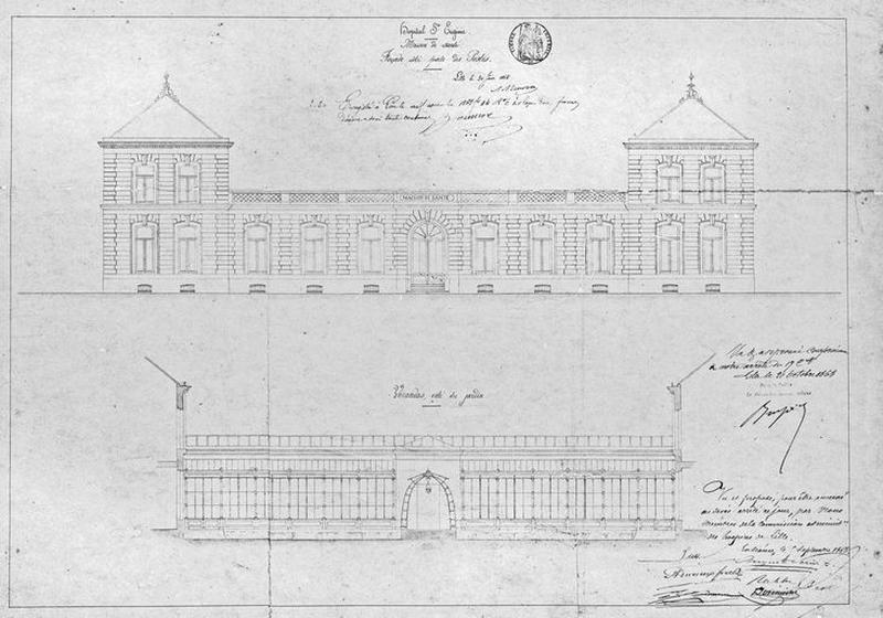 Projet de construction de l'hôpital Sainte-Eugénie, bâtiment annexe destiné à abriter la maison de santé, élévation de la façade donnant sur la porte des Postes et de la véranda côté jardin, daté du 30 juin 1868.