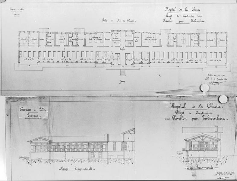 Projet de construction d'un bâtiment pour les tuberculeux, plan de distribution du rez-de-chaussée et coupes longitudinale et transversale, daté du 10 novembre 1920.