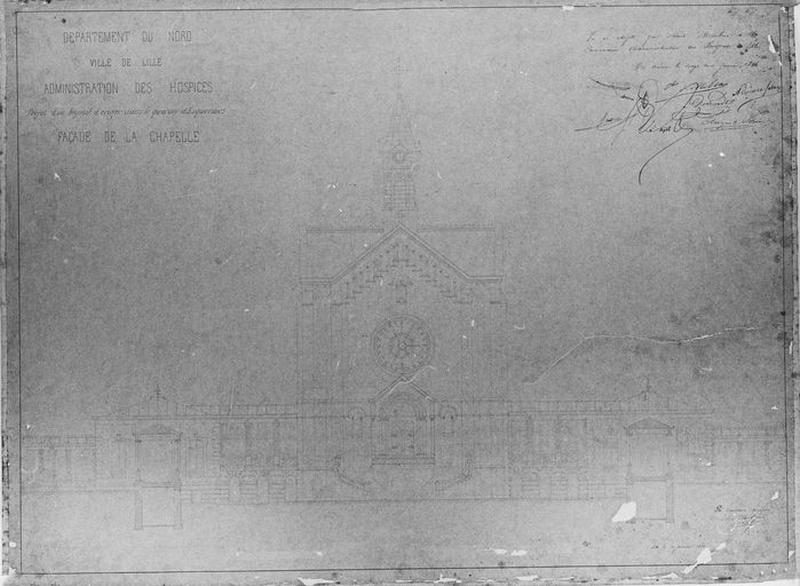 Projet de construction de l'hôpital Sainte-Eugénie par l'architecte Auguste Mourcou, chapelle, élévation de la façade sur la cour d'honneur, daté du 20 janvier 1866.