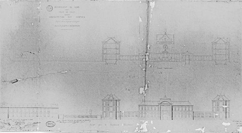 Projet non réalisé montrant l'élévation générale sur le boulevard Montebello et la coupe transversale sur la cour d'honneur avec représentation de la façade de la chapelle, daté du 20 janvier 1866