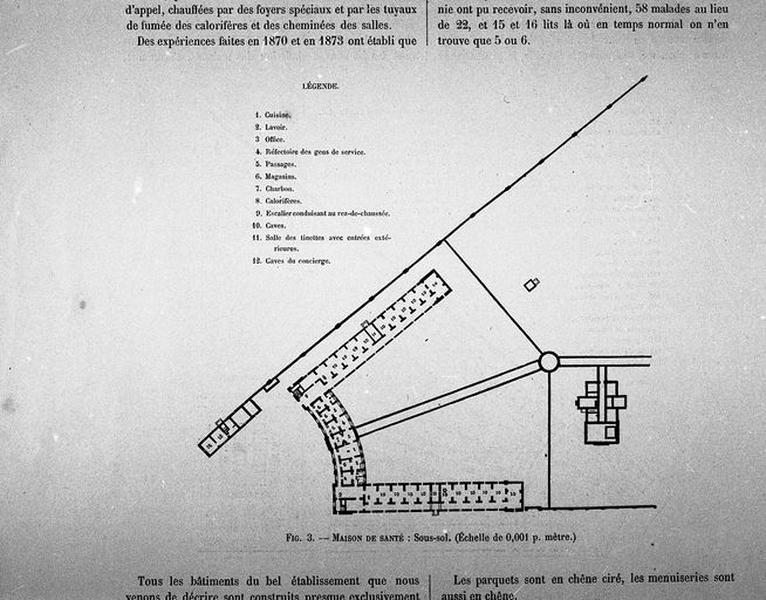 Maison de santé, plan de distribution du sous-sol, plan gravé.