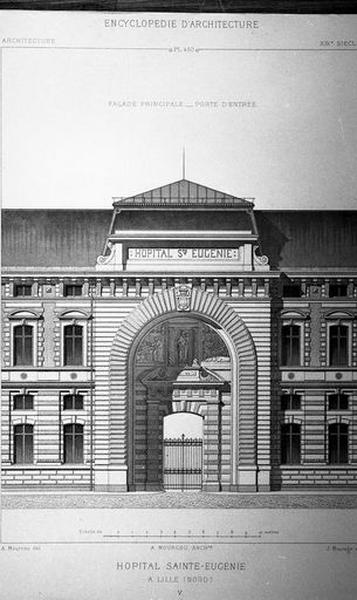 Elévation sur le boulevard Montebello, pavillon d'entrée abritant l'administration, détail de l'avant-corps central formant le portail d'entrée munumental.