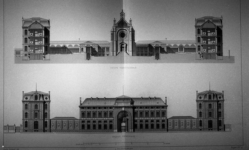 Elévation de la façade principale sur le boulevard Montebello et coupe transversale sur la cour d'honneur.