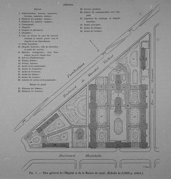 Plan général de l'hôpital et de la maison de santé avec bâtiments représentés en plan-masse, accompagné d'une légende détaillée, plan gravé.