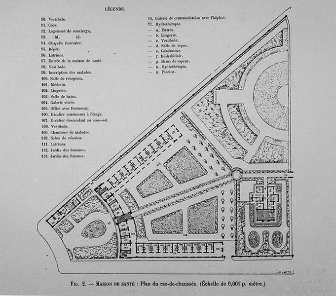 Maison de santé, plan de distribution du rez-de-chaussée, plan gravé.