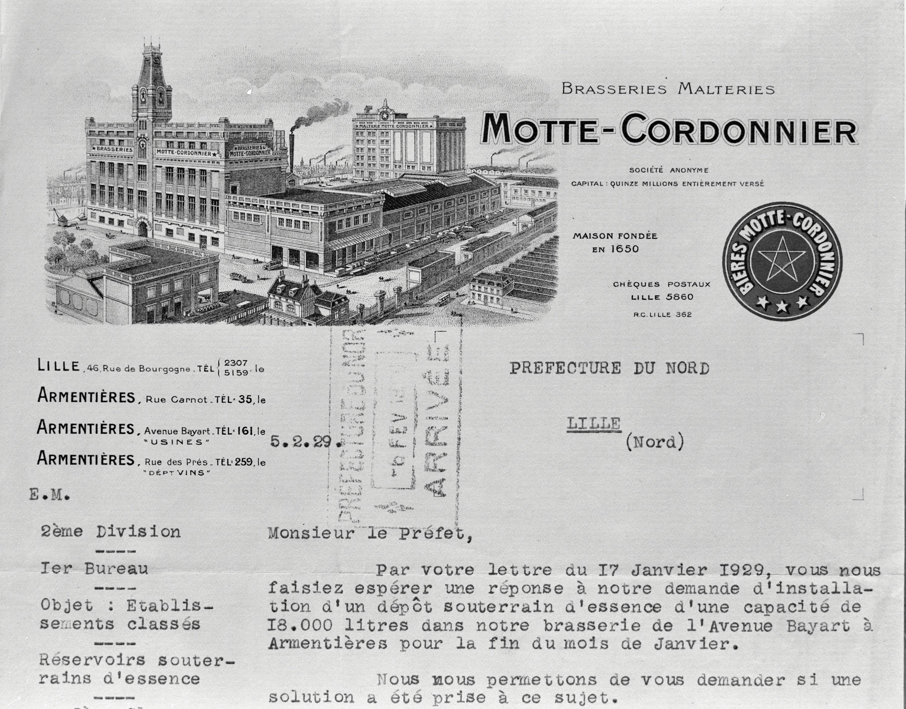 Motte-Cordonnier, lettre à entête de la brasserie daté de 1929 (AD Nord).