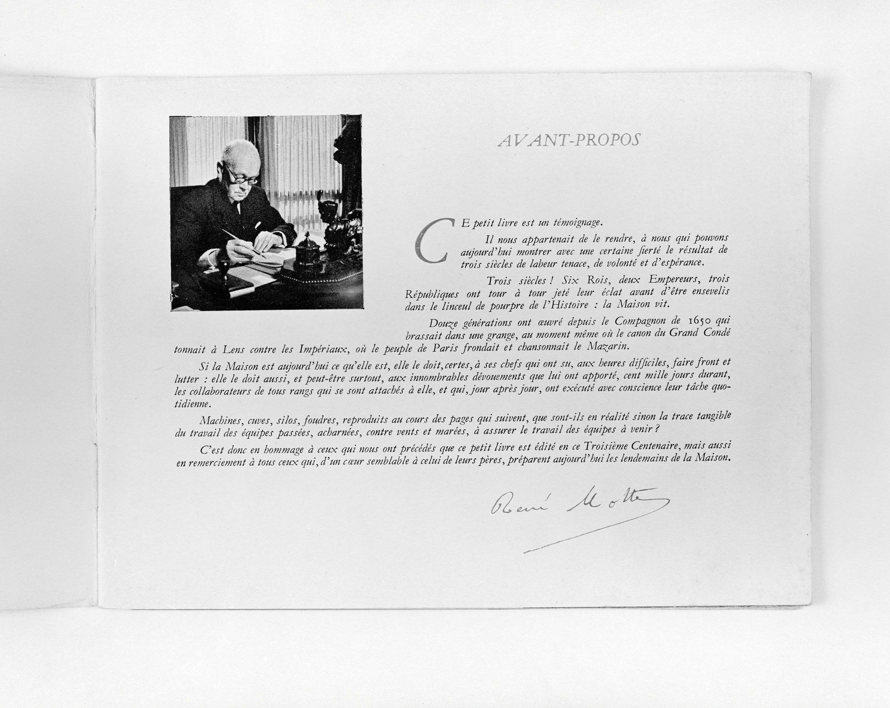 Page 1, photo et avant-propos de René Motte. Brasserie Motte Cordonnier, plaquette éditée à l'occasion du tricentenaire, Paris, 1951.  (coll. part.).