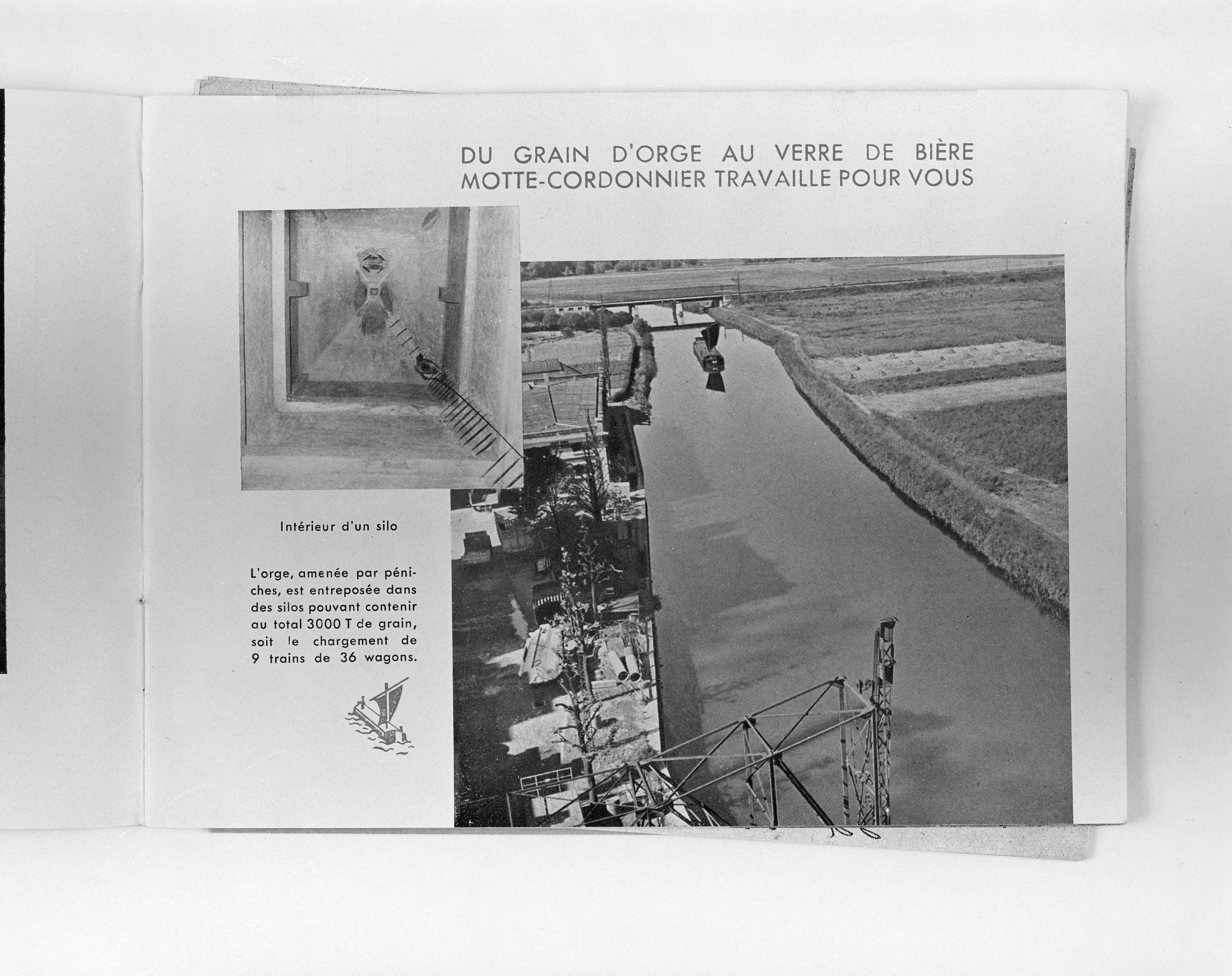 Page 3, l'arrivée de l'orge, l'intérieur d'un silo. Brasserie Motte Cordonnier, plaquette éditée à l'occasion du tricentenaire, Paris, 1951 (coll. part.).