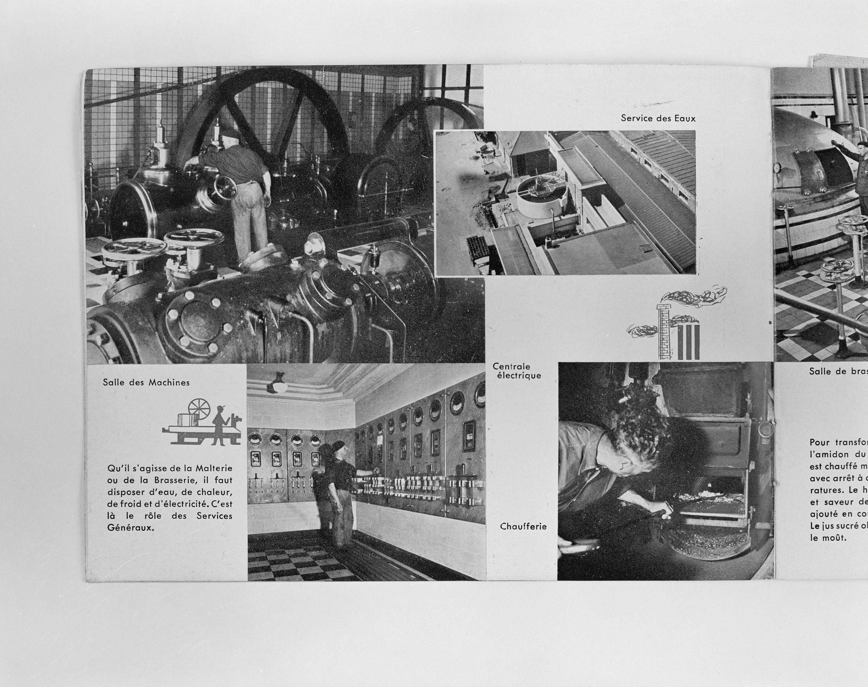 Page 6, salle des machines, chaufferie, centrale électrique. Brasserie Motte Cordonnier, plaquette éditée à l'occasion du tricentenaire, Paris, 1951 (coll. part.).