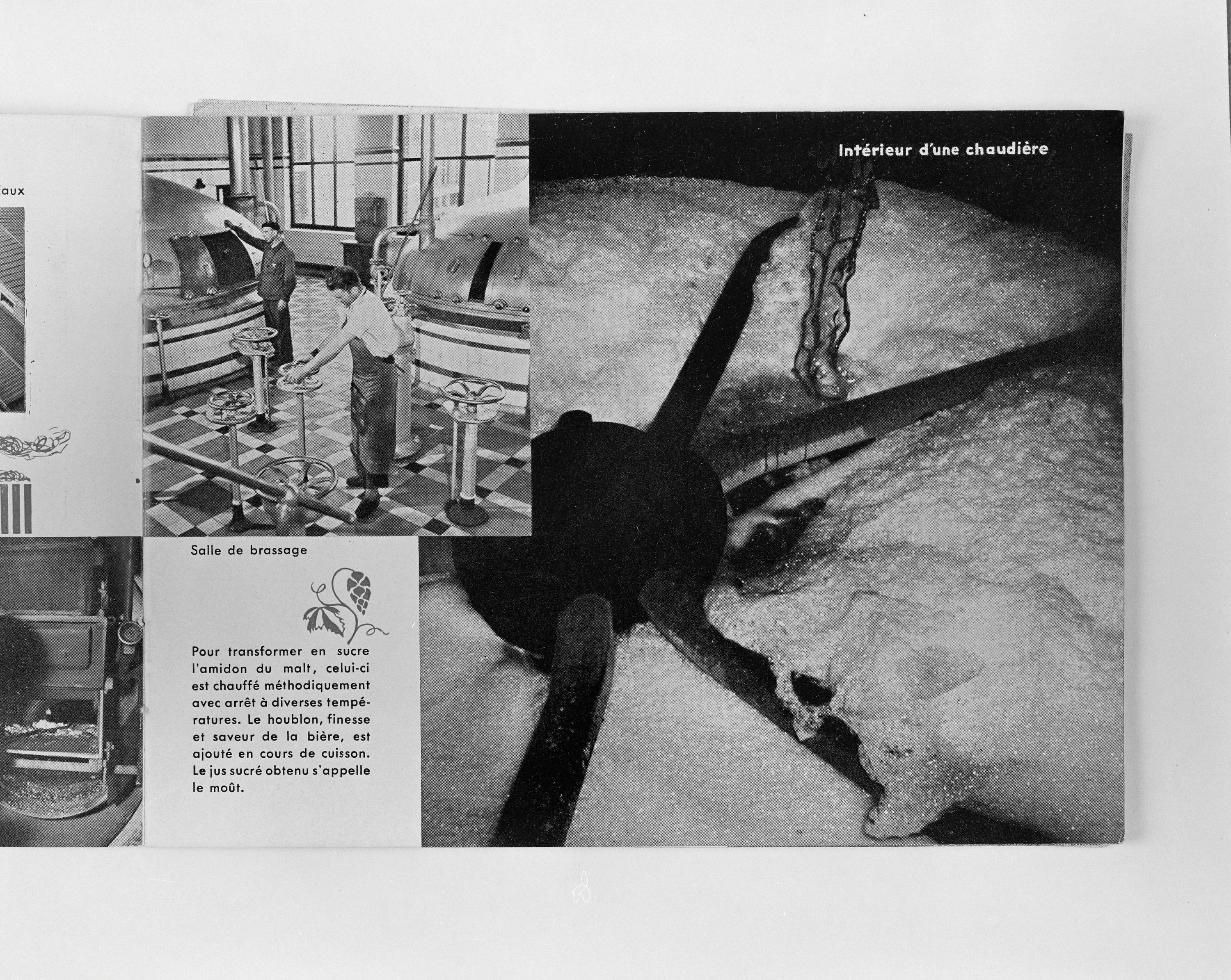 Page 7, salle de brassage, intérieur d'une cuve d'ébullition. Brasserie Motte Cordonnier, plaquette éditée à l'occasion du tricentenaire, Paris, 1951 (coll. part.).