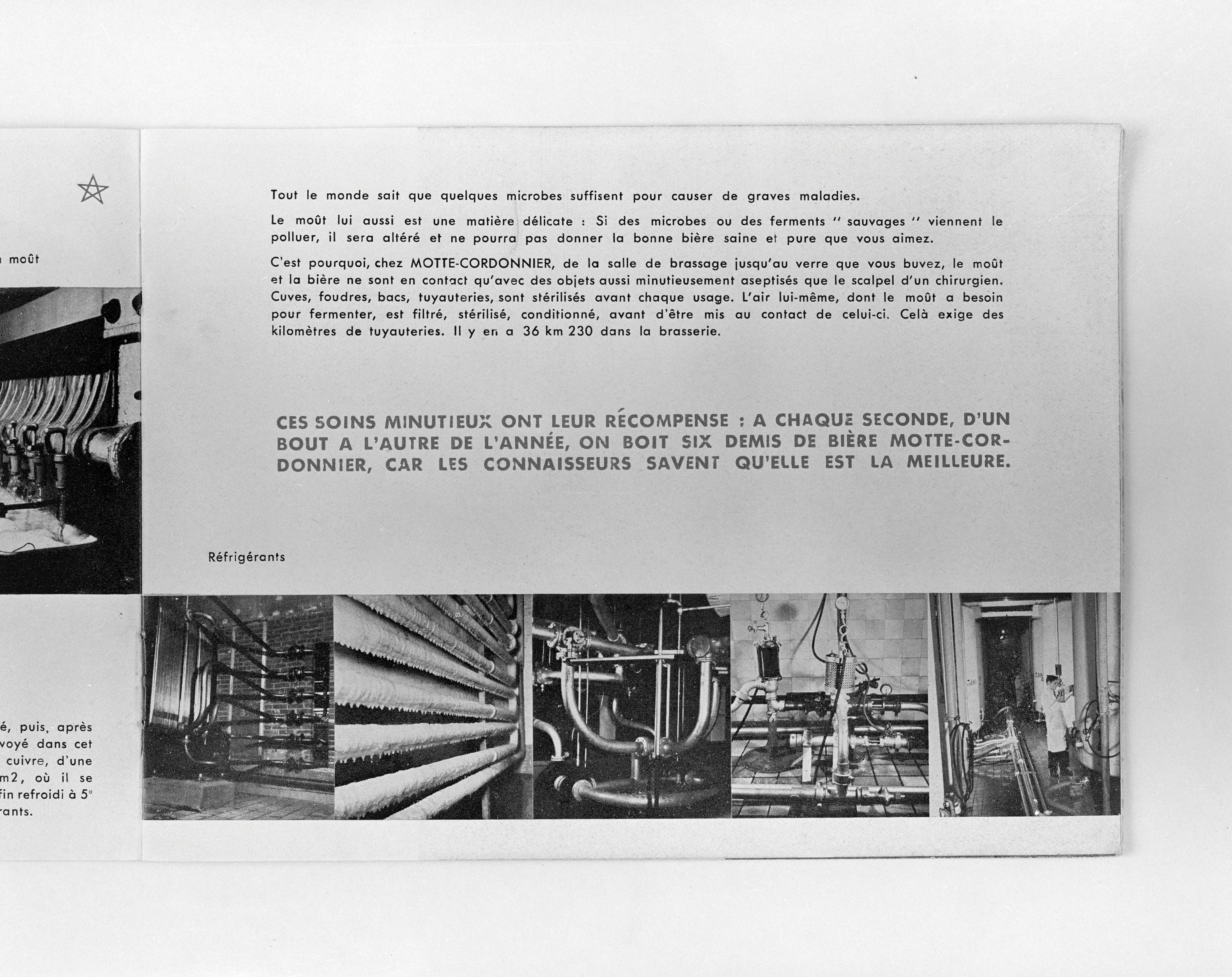 Page 9, réfrigérant, salle de fermentation. Brasserie Motte Cordonnier, plaquette éditée à l'occasion du tricentenaire, Paris, 1951 (coll. part.).