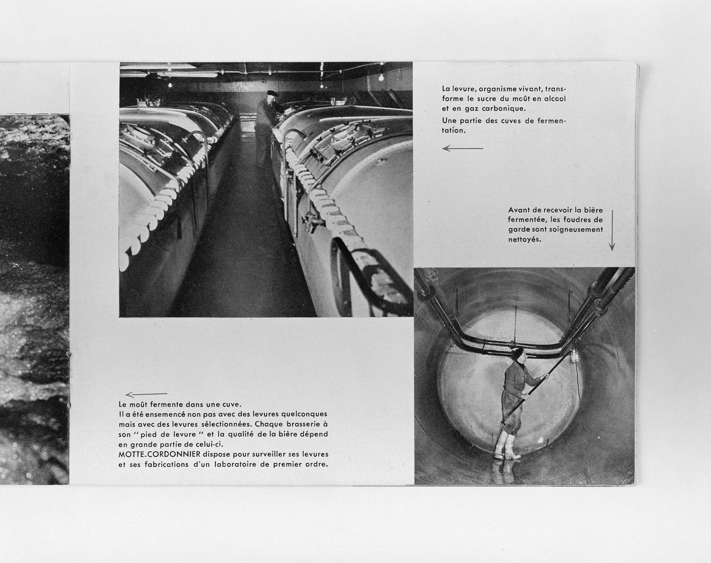 Page 11, salle des cuves de fermentation, intérieur d'un foudre de garde. Brasserie Motte Cordonnier, plaquette éditée à l'occasion du tricentenaire, Paris, 1951 (coll. part.).