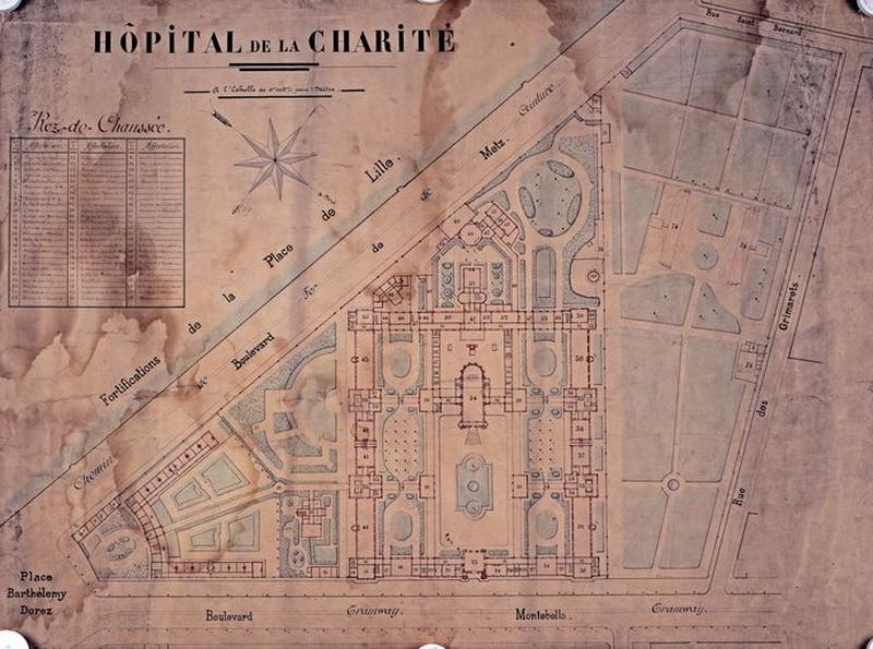 Hôpital et maison de santé, plan de distribution générale du rez-de-chaussée, non signé ni daté, mais dressé postérieurement à 1877 puisque les salles d'autopsie et la chapelle des morts, projetées à cette date, figurent déjà sur le plan.