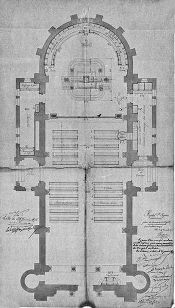 Chapelle, plan de distribution avec indication de l'emplacement du mobilier par l'architecte Auguste Mourcou, daté de janvier 1876.