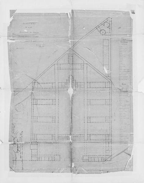 Second avant-projet par l'architecte Auguste Mourcou où les bâtiments sont disposés en double peigne de part et d'autre d'une cour rectangulaire, plan de distribution générale du rez-de-chaussée, daté de décembre 1860.