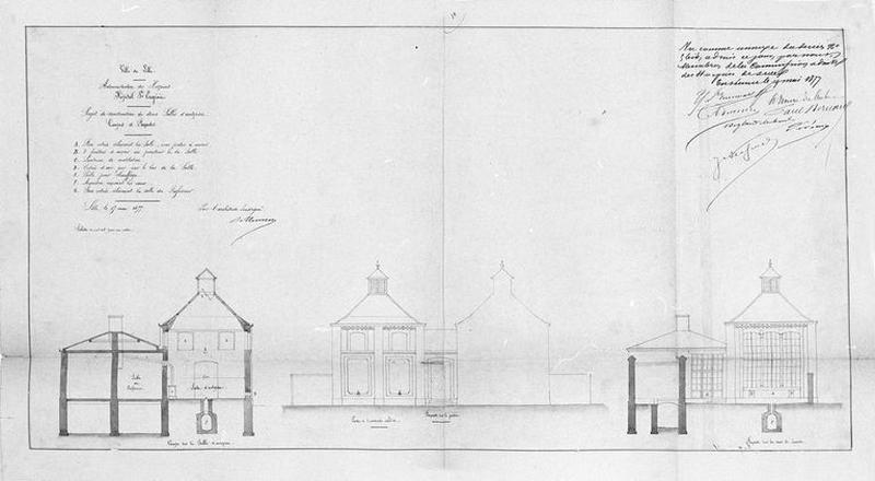 Projet de construction de deux services d'autopsie avec une chapelle des morts par l'architecte Auguste Mourcou, coupes et élévations, daté de mai 1877.