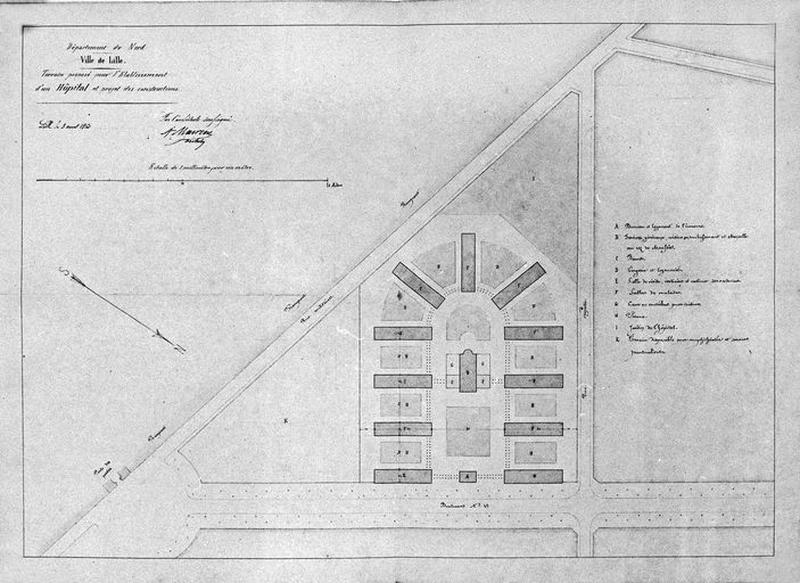 Premier avant-projet par l'architecte Auguste Mourcou montrant un plan pavillonnaire en peigne à disposition partiellement rayonnante, avec bâtiments représentés en plan masse, daté de 1860.