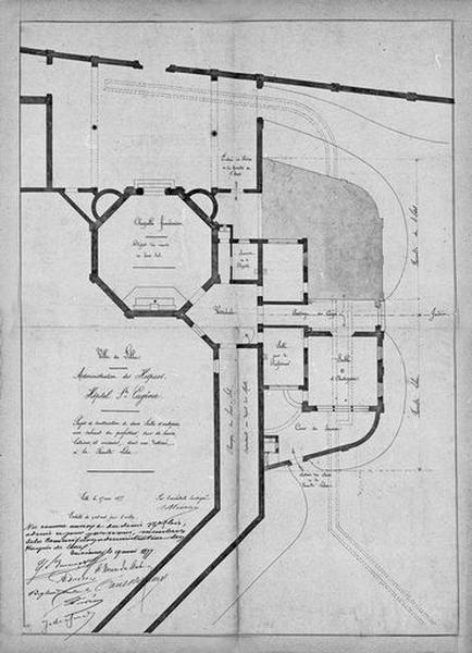 Projet de construction de deux services d'autopsie par l'architecte Auguste Mourcou, plan de distribution de celui qui est destiné à la Faculté libre, l'autre étant simplement représentée en plan masse, avec la chapelle des morts, daté mai 1877.