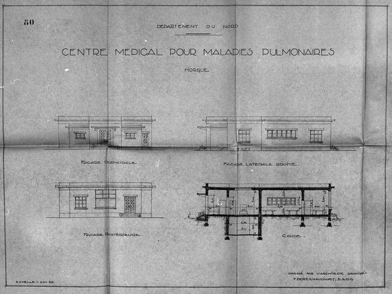 Projet de construction par l'architecte Deregnaucourt, bâtiment annexe isolé abritant la morgue, élévations antérieure, postérieure et latérale droite, et coupe longitudinale, 1932.