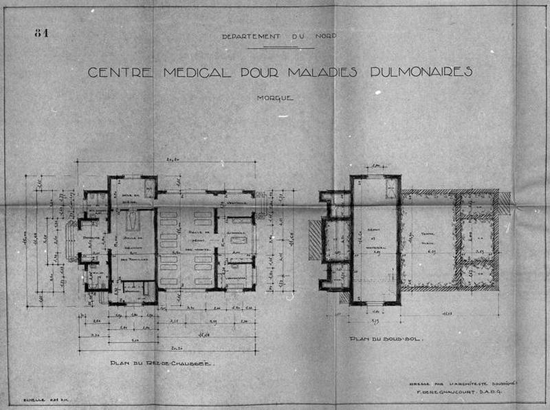 Projet de construction par l'architecte Deregnaucourt, bâtiment annexe isolé abritant la morgue, plan de distribution du sous-sol et du rez-de-chaussée, 1932.