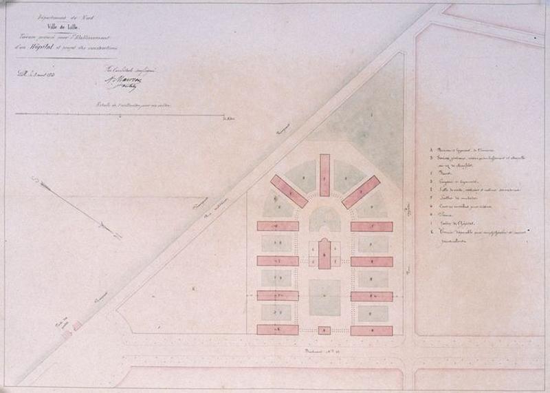 Premier avant-projet par l'architecte Auguste Mourcou montrant un plan pavillonnaire en peigne à disposition partiellement rayonnante, avec bâtiments représentés en plan masse, daté de 1860.