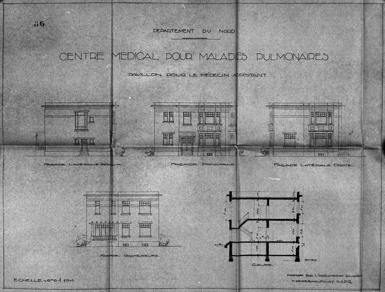 Projet de construction par l'architecte Deregnaucourt, bâtiment annexe isolé abritant le logement du médecin assistant, élévations antérieure, postérieure et latérales droite et gauche, et coupe transversale, 1932