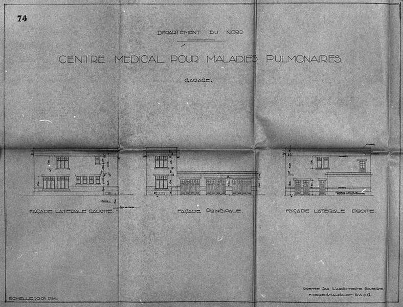 Projet de construction par l'architecte Deregnaucourt, bâtiment isolé abritant la remise pour les voitures et l'atelier, élévations antérieure et latérales droite et gauche, 1932.