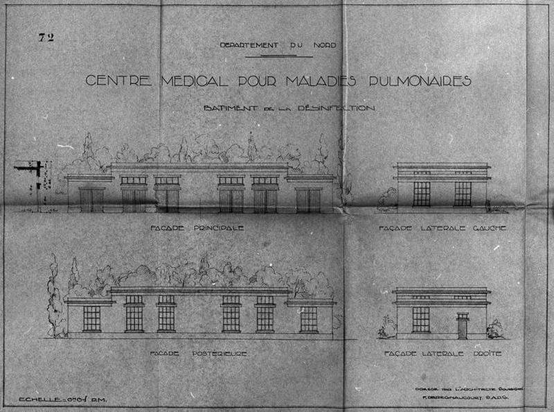 Projet de construction par l'architecte Deregnaucourt, bâtiment annexe isolé abritant le service de désinfection, élévations antérieure, postérieure et latérales, 1932.