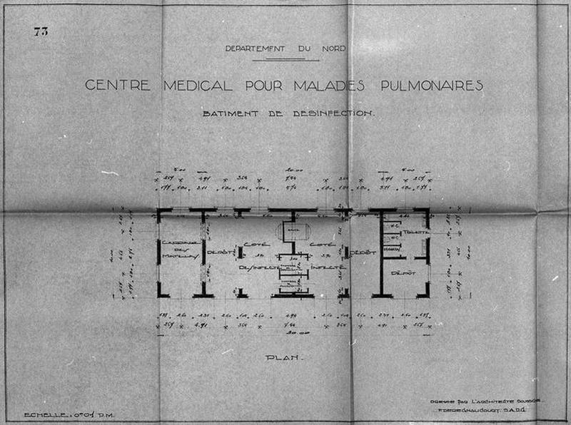 Projet de construction par l'architecte Deregnaucourt, bâtiment annexe isolé abritant le service de désinfection, plan de distribution, 1932.