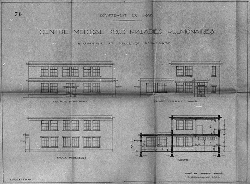 Projet de construction par l'architecte Deregnaucourt, bâtiment annexe isolé abritant la buanderie et la salle de repassage, élévations antérieure, postérieure et latérale droite, et coupe transversale, 1932.