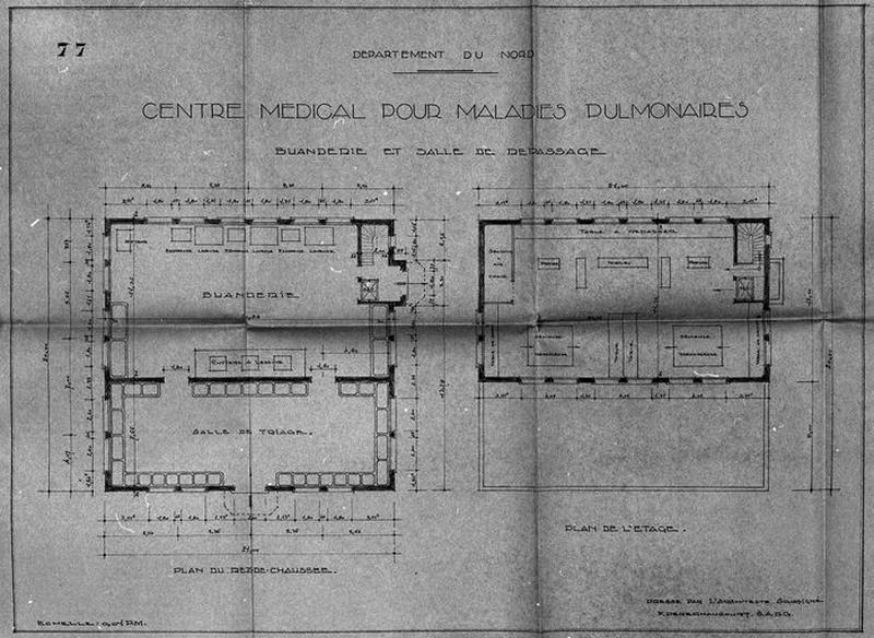 Projet de construction par l'architecte Deregnaucourt, bâtiment annexe isolé abritant la buanderie et la salle de repassage, plan de distribution du rez-de-chaussée et du 1er étage, 1932.