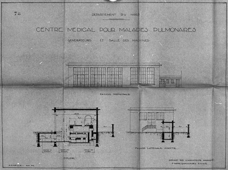 Projet de construction par l'architecte Deregnaucourt, bâtiment annexe isolé abritant la salle des générateurs et celle des machines, élévations antérieure et latérale droite, et coupe transversale, 1932.