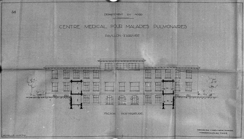 Projet de construction par l'architecte Deregnaucourt, bâtiment annexe axial abritant l'administration et les services d'admission des malades et de consultation externe, élévation postérieure, 1932.