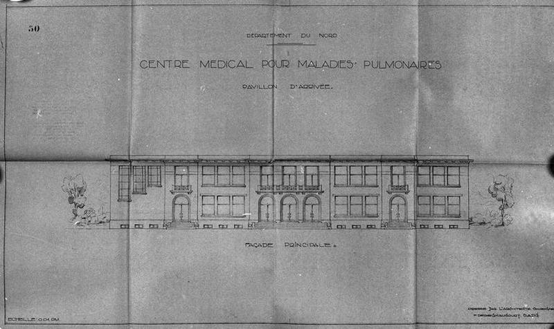 Projet de construction par l'architecte Deregnaucourt, bâtiment annexe axial abritant l'administration et les services d'admission des malades et de consultation externe, élévation antérieure, 1932.
