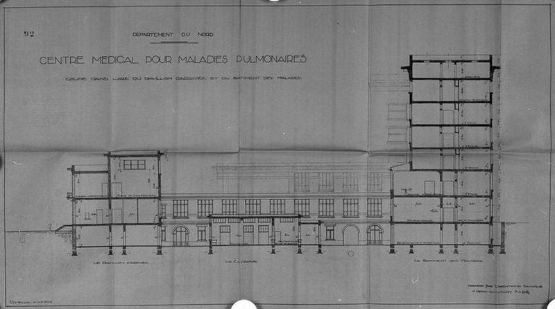 Projet de construction par l'architecte Deregnaucourt, coupe transversale axiale passant donc par le milieu du bâtiment annexe axial abritant l'administration, de celui de la cuisine et du bâtiment principal d'hospitalisation, 1932.