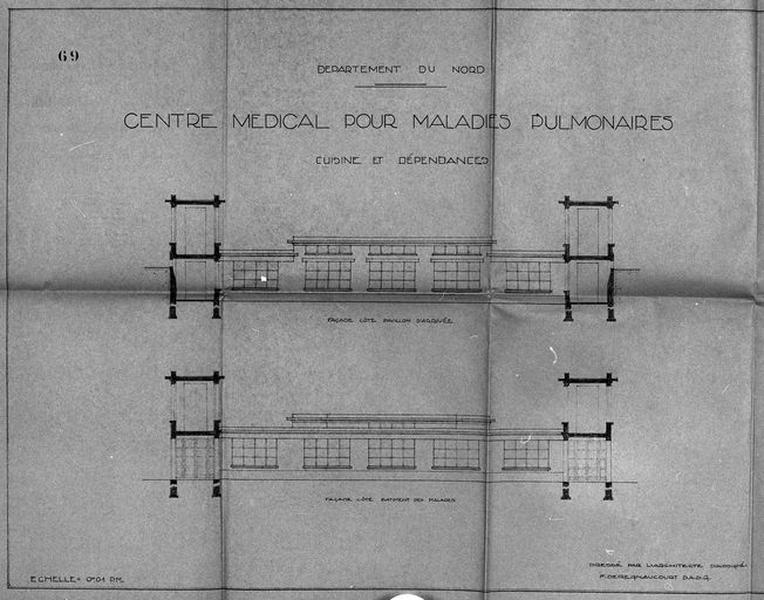 Projet de construction par l'architecte Deregnaucourt, bâtiment annexe abritant la cuisine et ses dépendances, élévations antérieure et postérieure, 1932.