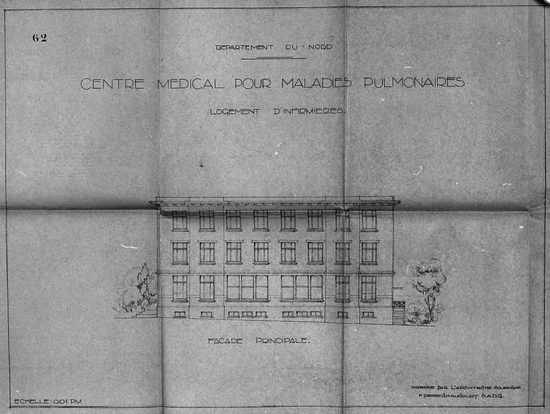 Projet de construction par l'architecte Deregnaucourt, bâtiment relié par le sous-sol au bâtiment d'hospitalisation, abritant les logements du personnel infirmier, élévation antérieure, 1932.