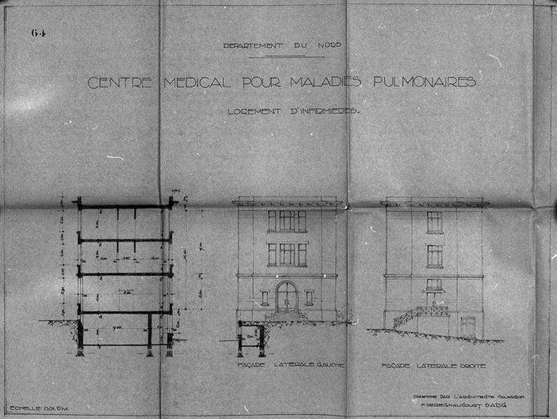 Projet de construction par l'architecte Deregnaucourt, bâtiment relié par le sous-sol au bâtiment d'hospitalisation, abritant les logements du personnel infirmier, élévations latérales droite et gauche, et coupe transversale, 1932.