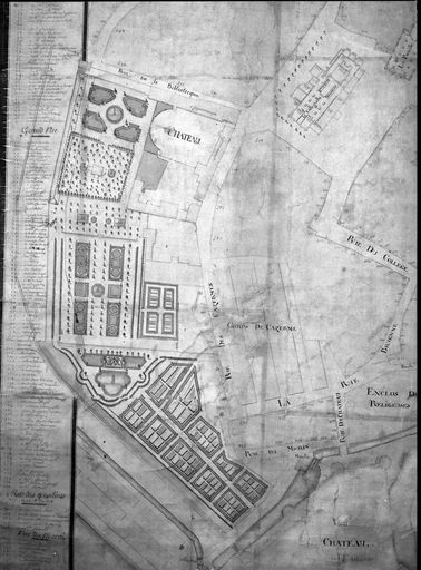 Plan de la ville de Condé, détail : château de Bailleul et ses jardins, 1754 (AC Condé-sur-l'Escaut).