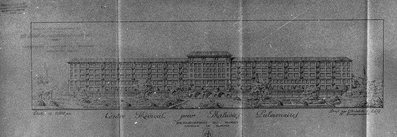 Projet de construction par l'architecte Deregnaucourt selon l'idée initiale d'une implantation sur la commune de Ronchin, bâtiment principal d'hospitalisation, façade méridionale, vers 1929.