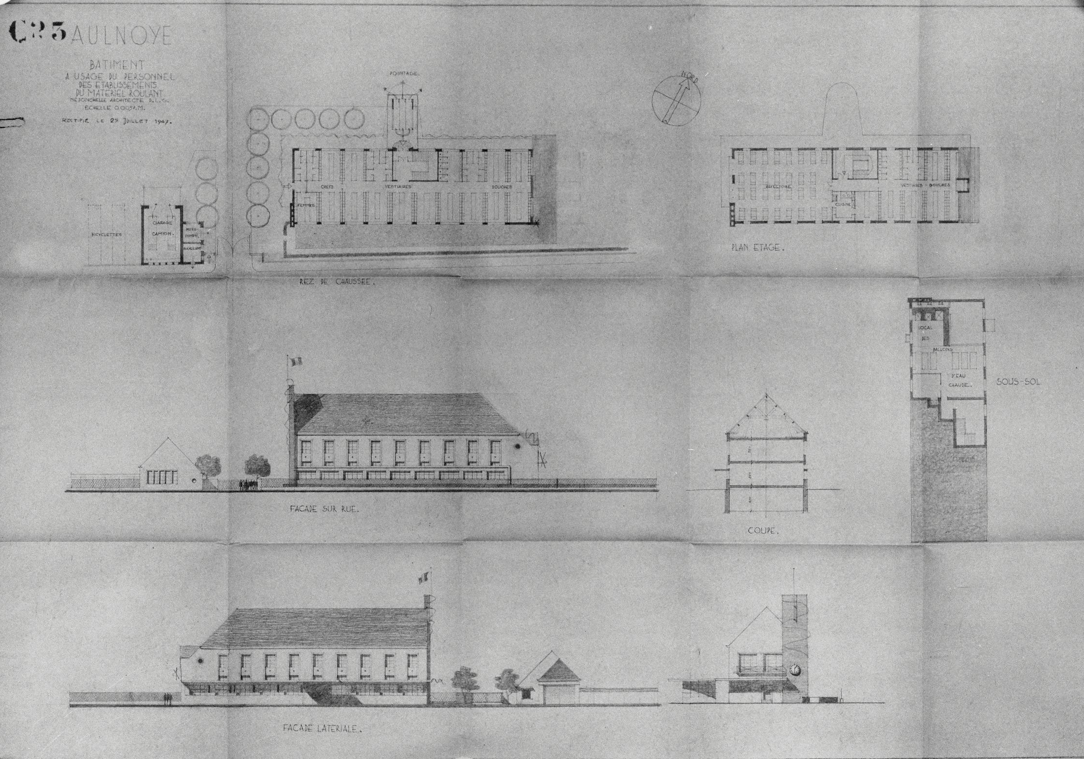 Plan et élévations d'un bâtiment à usage du personnel de l'établissement de matériel roulant. Plan de Roger Nédonchelle, architecte DPLG, 25 juillet 1947 (Archives SNCF, Service Bâtiments).