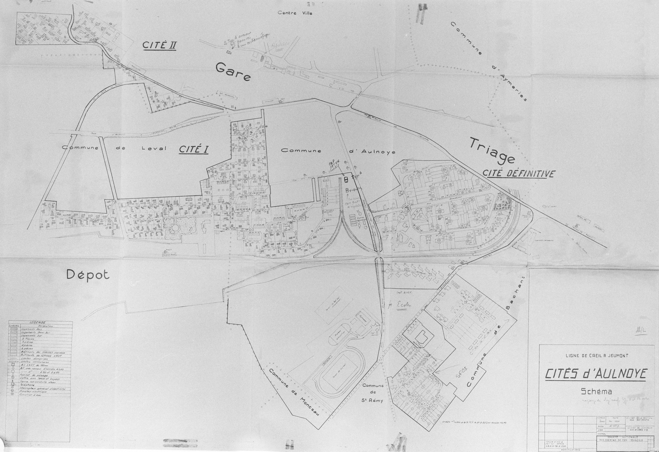 Plan des cités d'Aulnoye, février 1959 (Archives SNCF, Service Bâtiments).