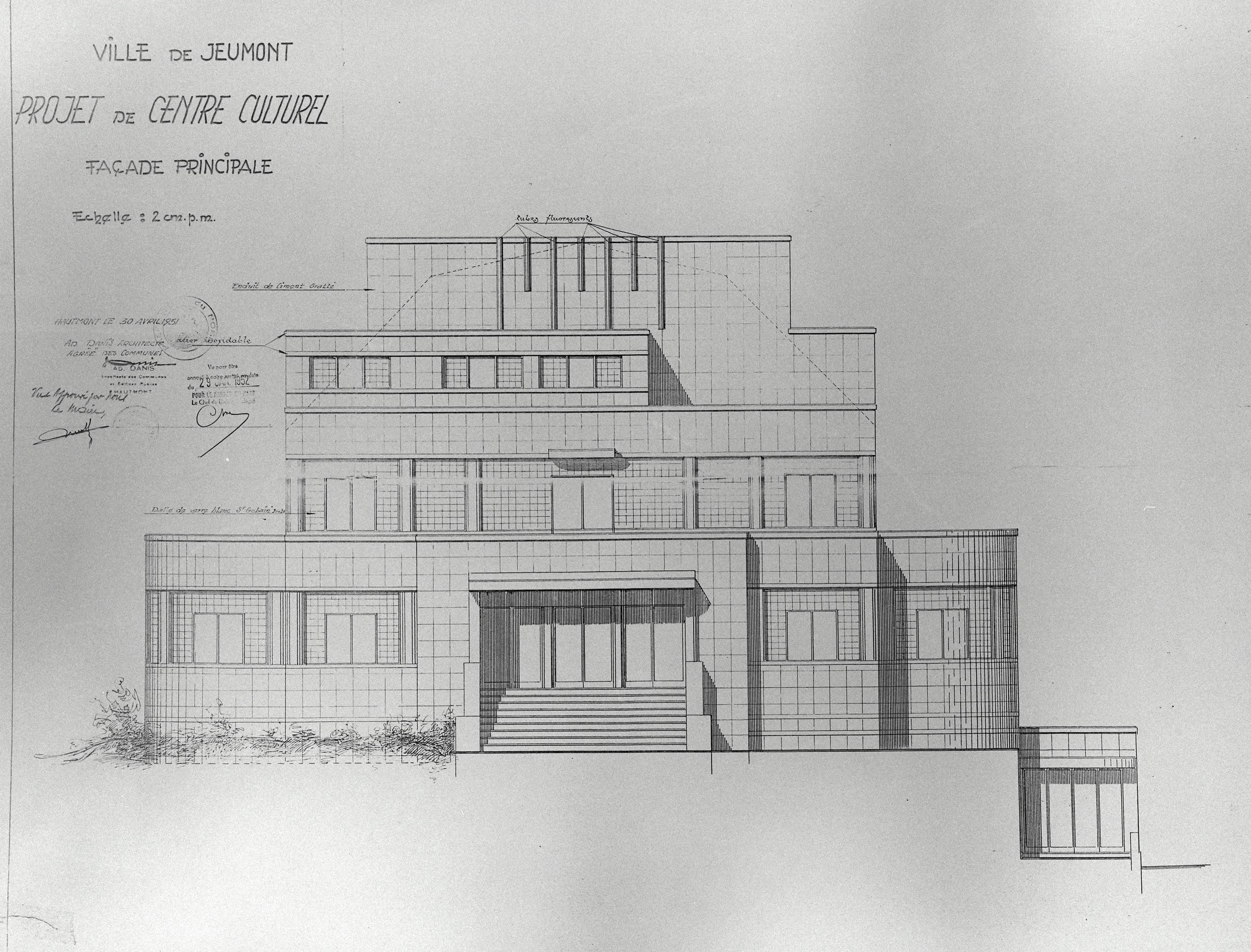 Élévation antérieure (projet non réalisé). Plan, avril 1951, Hautmont Ad. Danis (architecte) (AC Jeumont).