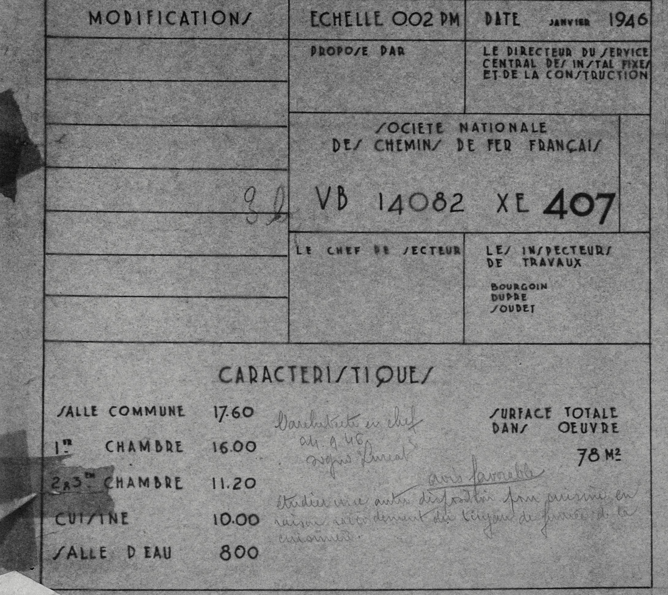 Détail de l'annotation sur le plan établi par André Lurçat (1894-1970), architecte en chef, 24 septembre 1946 (Archives SNCF, Service Bâtiments).