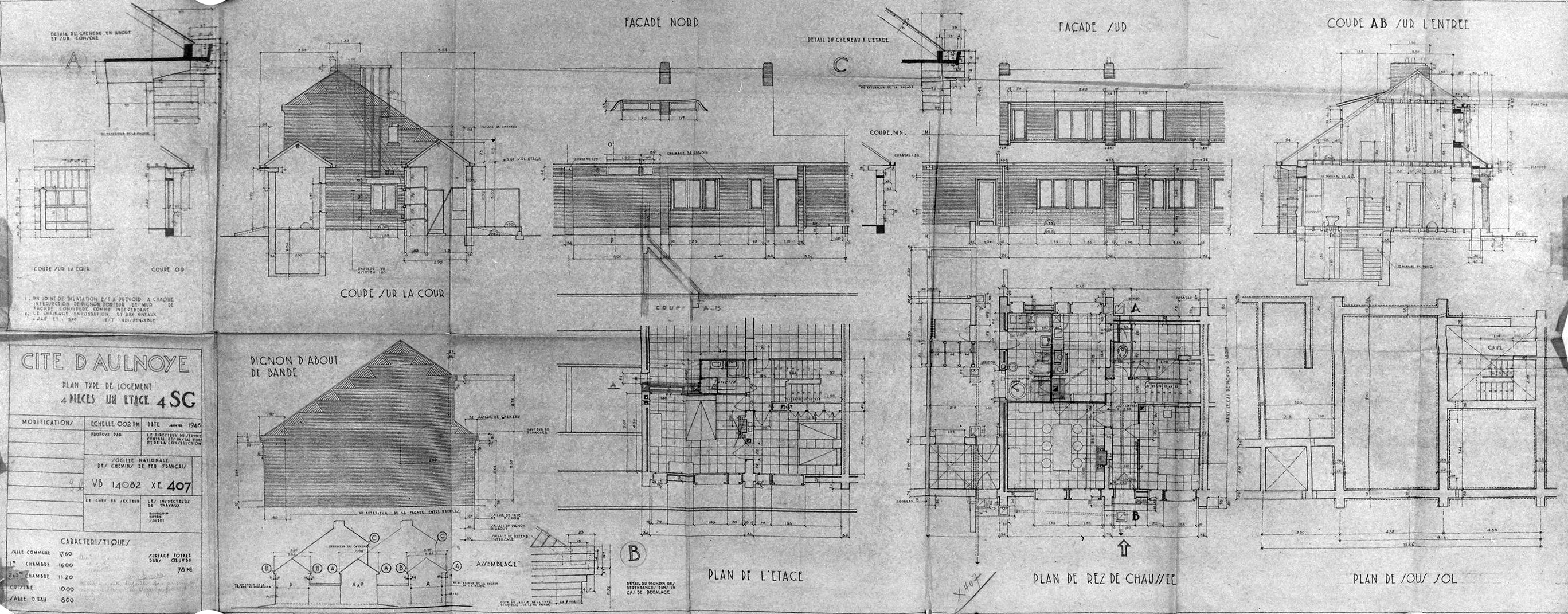 Plan d'un logement de quatre pièces. Plan d'André Lurçat (1894-1970), architecte en chef, portant un avis favorable, 24 septembre 1946 (Archives SNCF, Service Bâtiments).