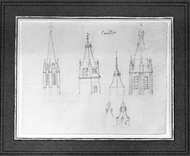 Dessin des clochers de la ville, 1679. L'ancien beffroi, démoli en 1787, est le deuxième en partant de la gauche (Mobilier national).