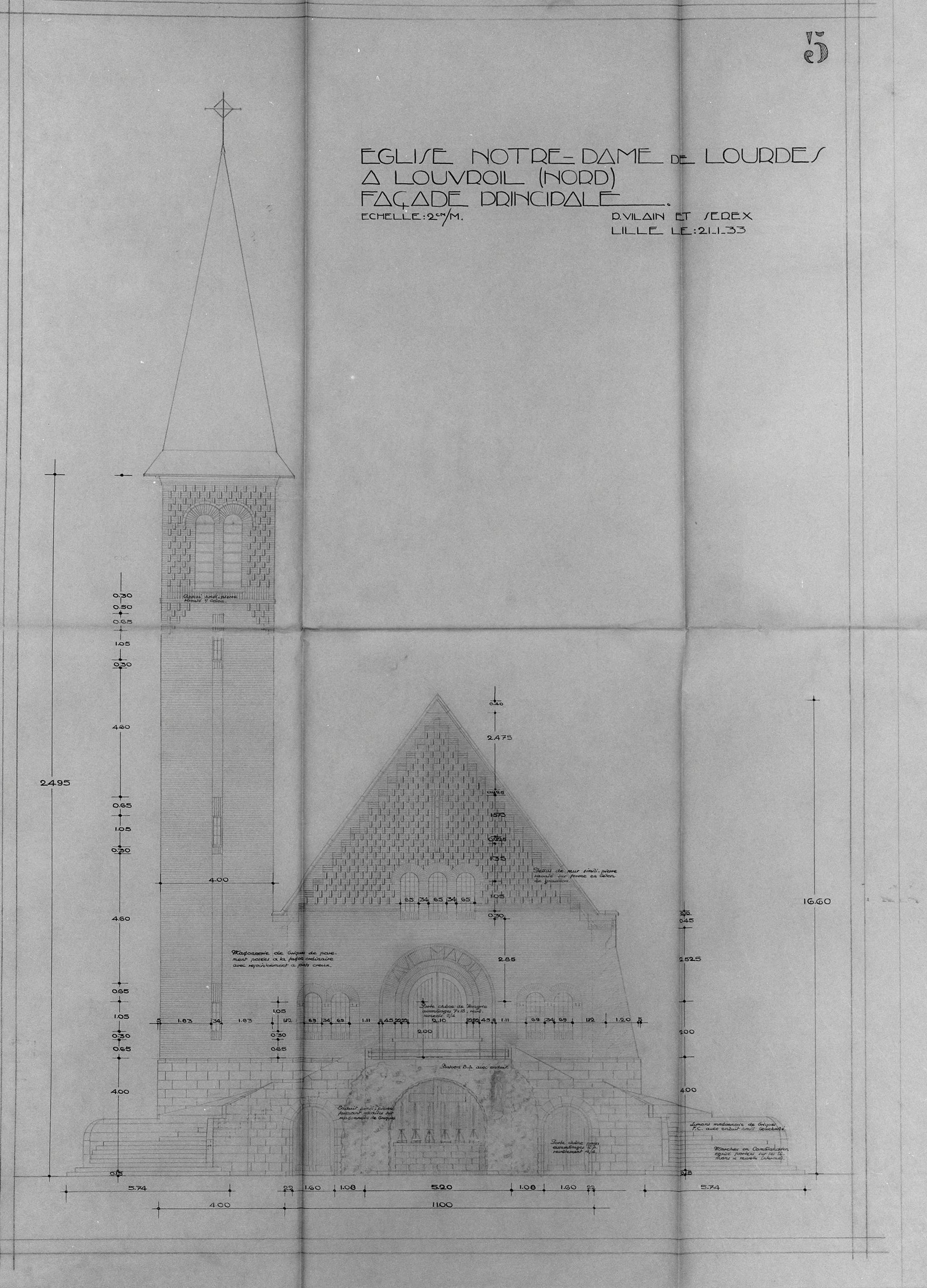 Projet retenu. Élévation antérieure. Crayon sur calque des architectes Paul Vilain (1860-1933) et Charles-Paul Serex (1899-1978), Lille, 21 janvier 1933 (AD Nord ; fonds Vilain, 67J903).