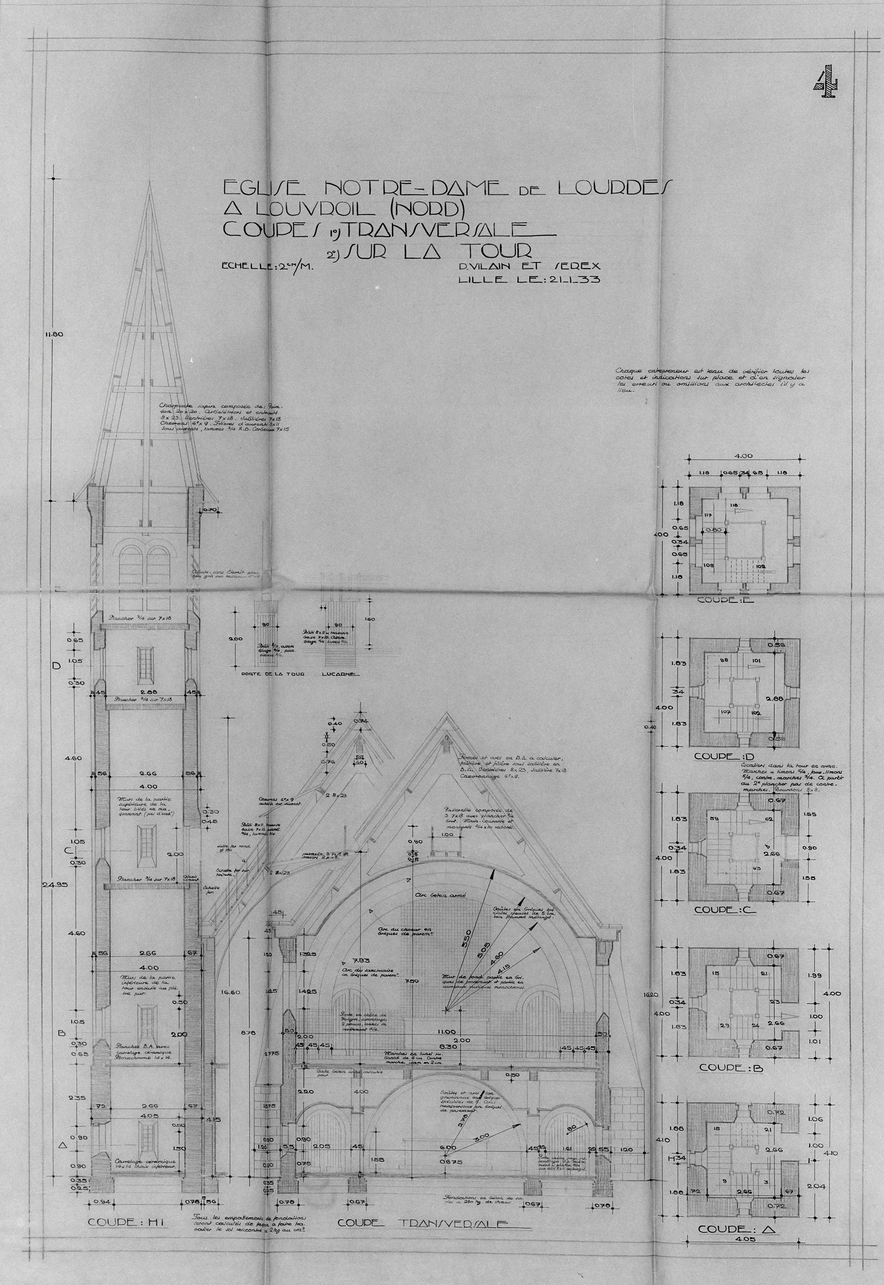 Projet retenu. Coupe transversale et coupe de la tour. Crayon sur calque des architectes Paul Vilain (1860-1933) et Charles-Paul Serex (1899-1978), Lille, 21 janvier 1933 (AD Nord ; fonds Vilain, 67J903).